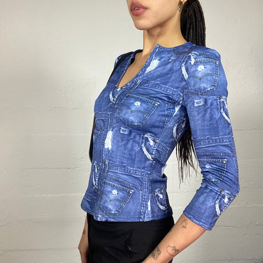 Vintage 2000's Downtown Girl Blue Longsleeve Top with Faux Jean Print (M)