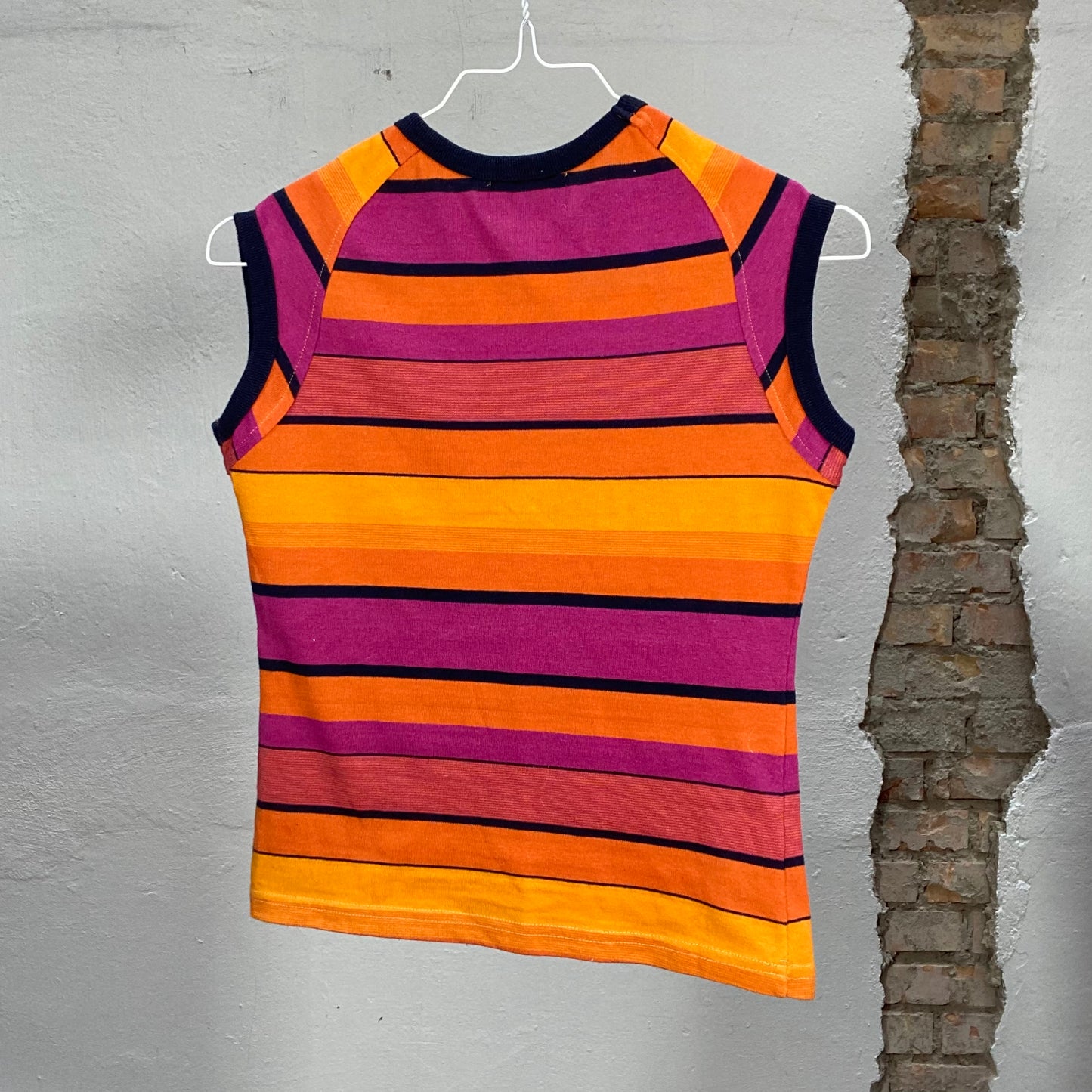 Vintage 90's Funky Orange and Pink Striped High Neck Top with Black Trim (S)