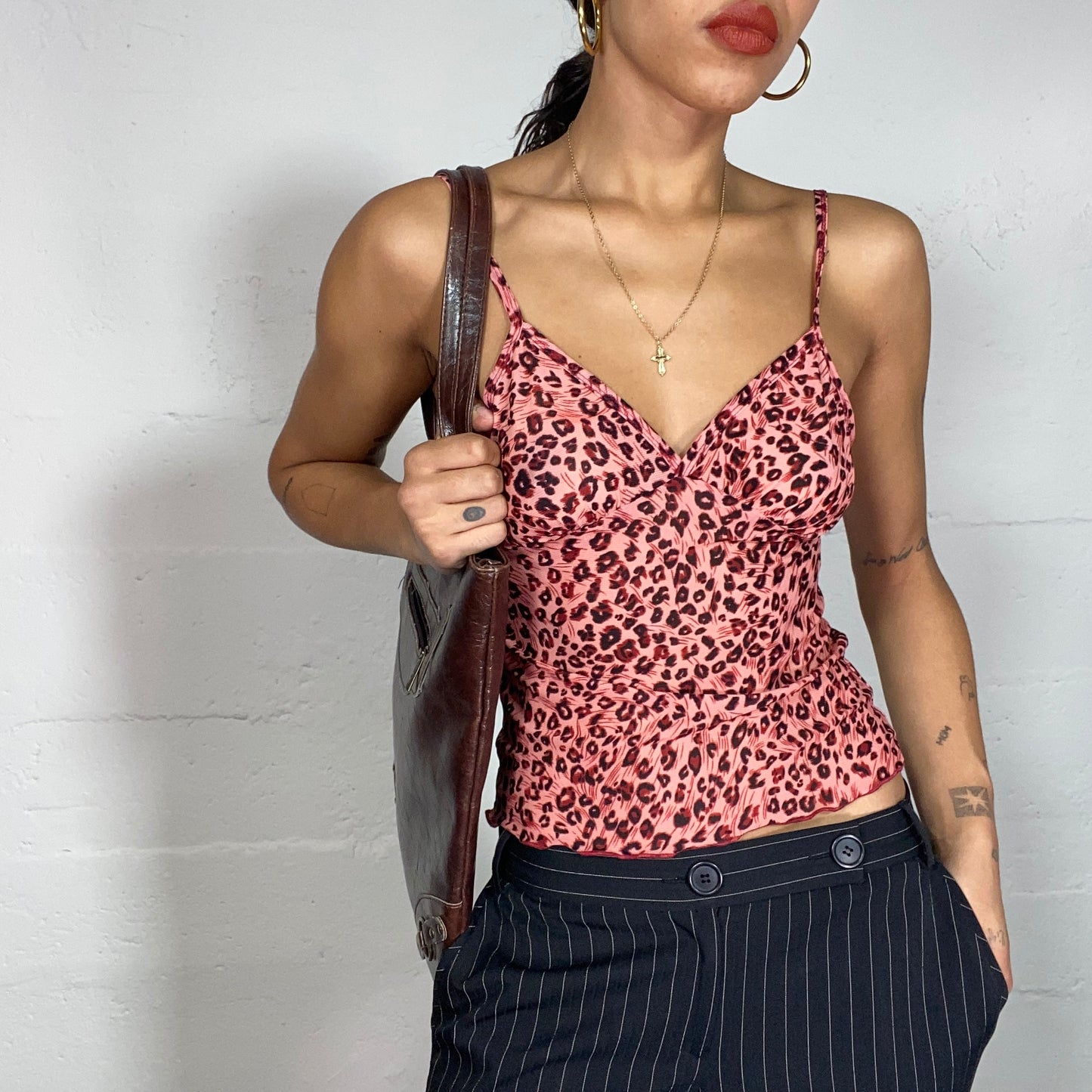 Vintage 2000's Downtown Girl Salmon Pink Top with Leopard Print (S)