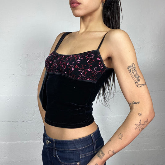 Vintage 90's Vampy Girl Black Velvet Cami Top with Pink Chest Floral Embroidery Detail (S)