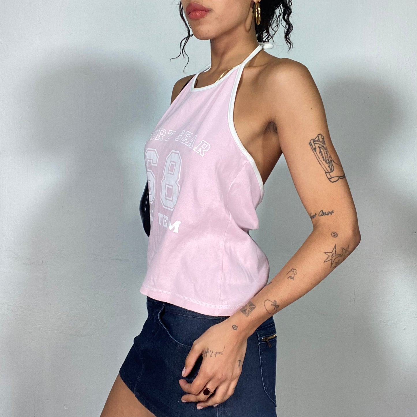 Vintage 90's Sporty Baby Pink Backless Top with "68 Final Team" Print (S/M)