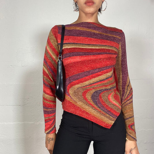 Vintage 90's Psychedelic Garnet, Green and Purple Longsleeve Top with Wavy Print and Glitter Material (S/M)