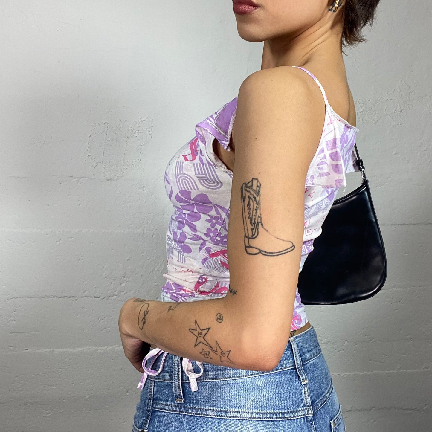 Vintage 90's Downtown Girl Pink and Lilac Top with Typography Print (S)