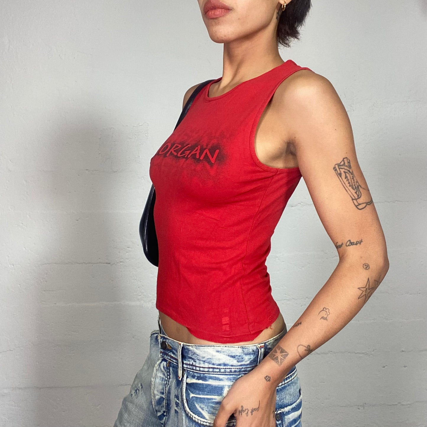 Vintage 90's Morgan Downtown Girl Red Top with Graffiti Brand Print (S)