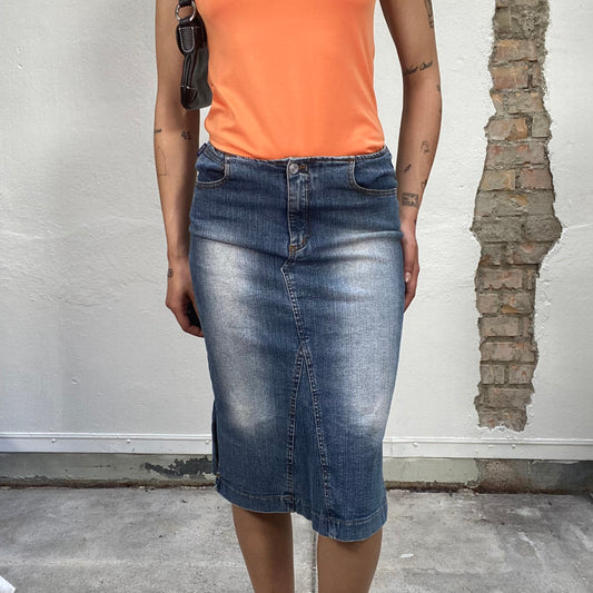 Vintage 90's Downtown Girl Denim Midi Skirt with Light Washed Details (S)