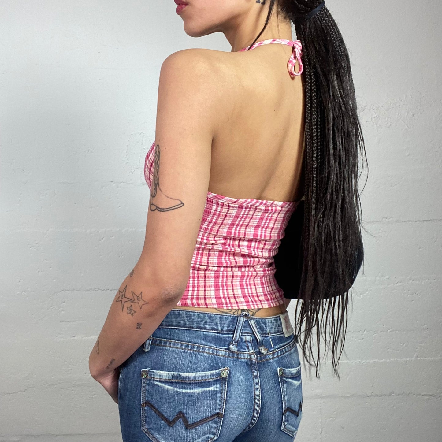 Vintage 2000's Downtown Girl Pink Neckholder Top with Checkered Material Detail (S)