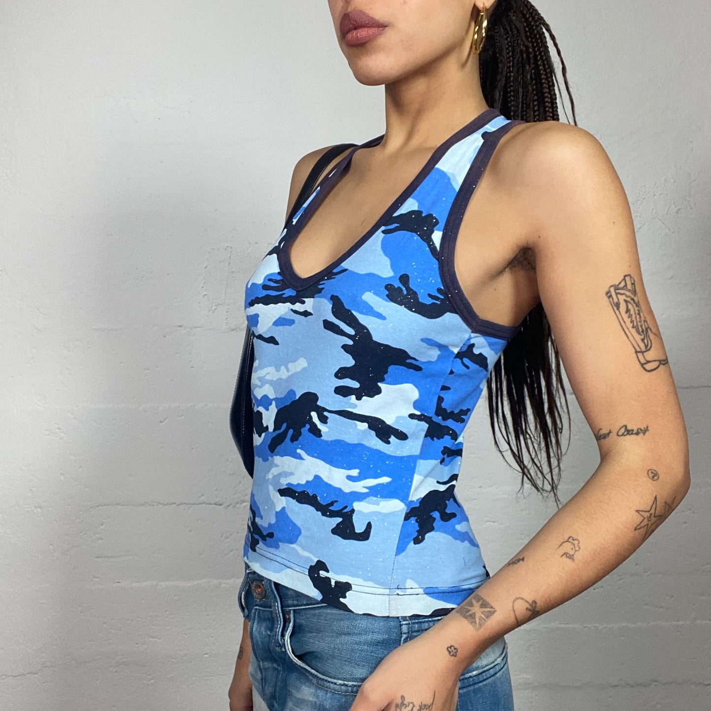 Vintage 2000's Archive Blue Top with Camo Print (S)