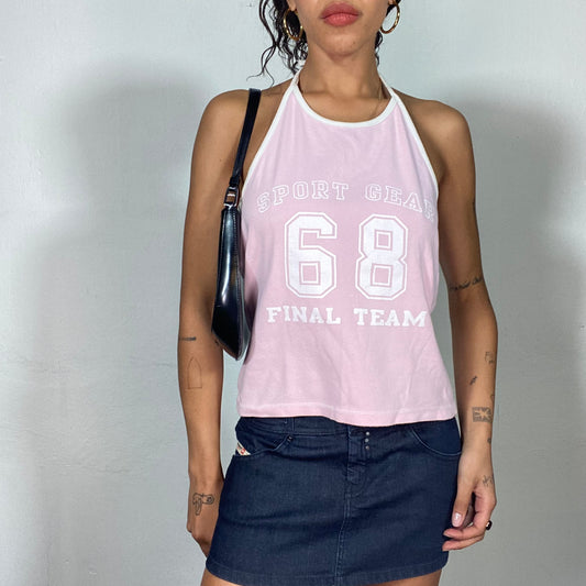 Vintage 90's Sporty Baby Pink Backless Top with "68 Final Team" Print (S/M)