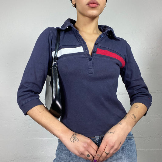 Vintage 2000's Tommy Hilfiger Sporty Navy Longsleeve  Polo Top with Brand Logo Print (S)