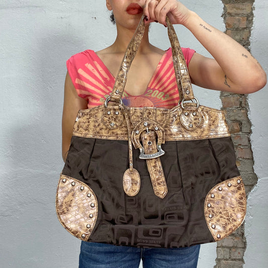 Vintage 2000's Miss Sixty Brown Shoulder Bag with Snake Faux Leather Details