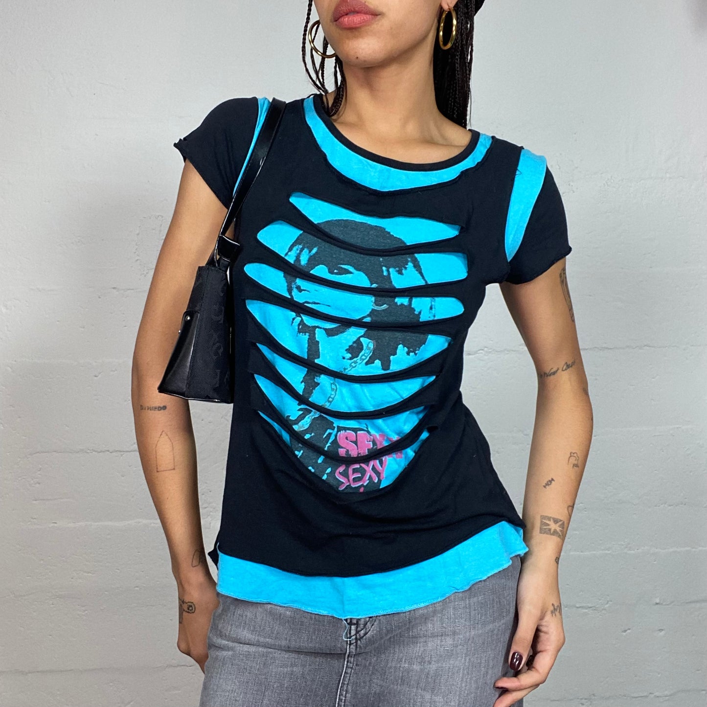 Vintage 2000's Sleaze Black Open Holes Top with Blue Underneath Girl Portrait Print (S/M)