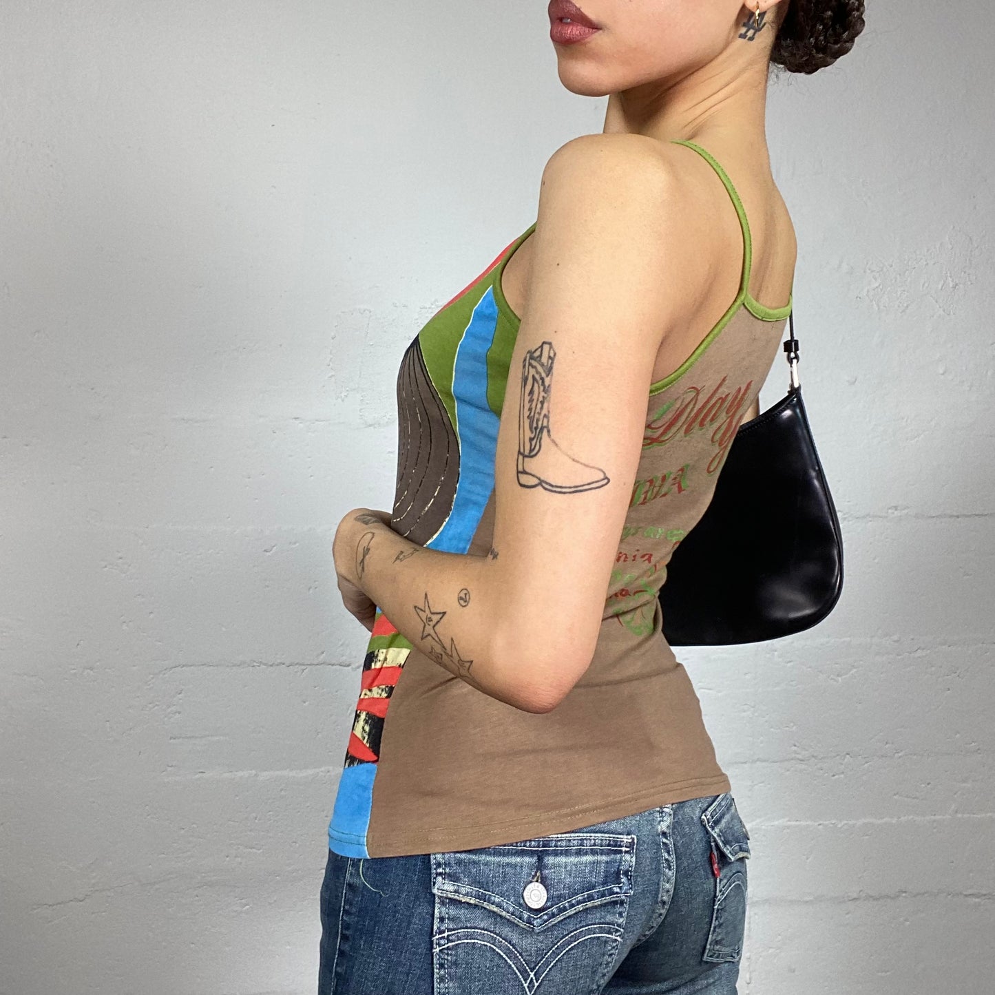 Vintage 2000's Downtown Girl Green Top with Girl Portrait Multi-Colour Print (S)