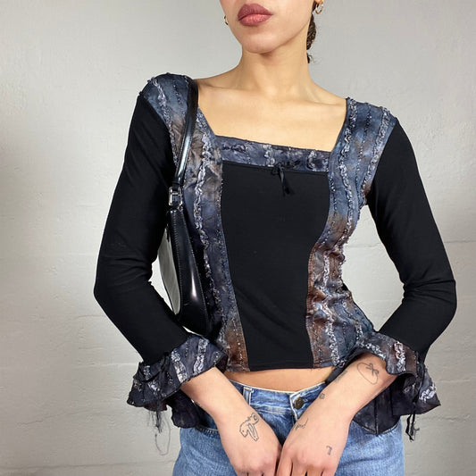 Vintage 2000's Whimsgoth Black Longsleeve Top with Blue Tie Dye Print Trim (S)