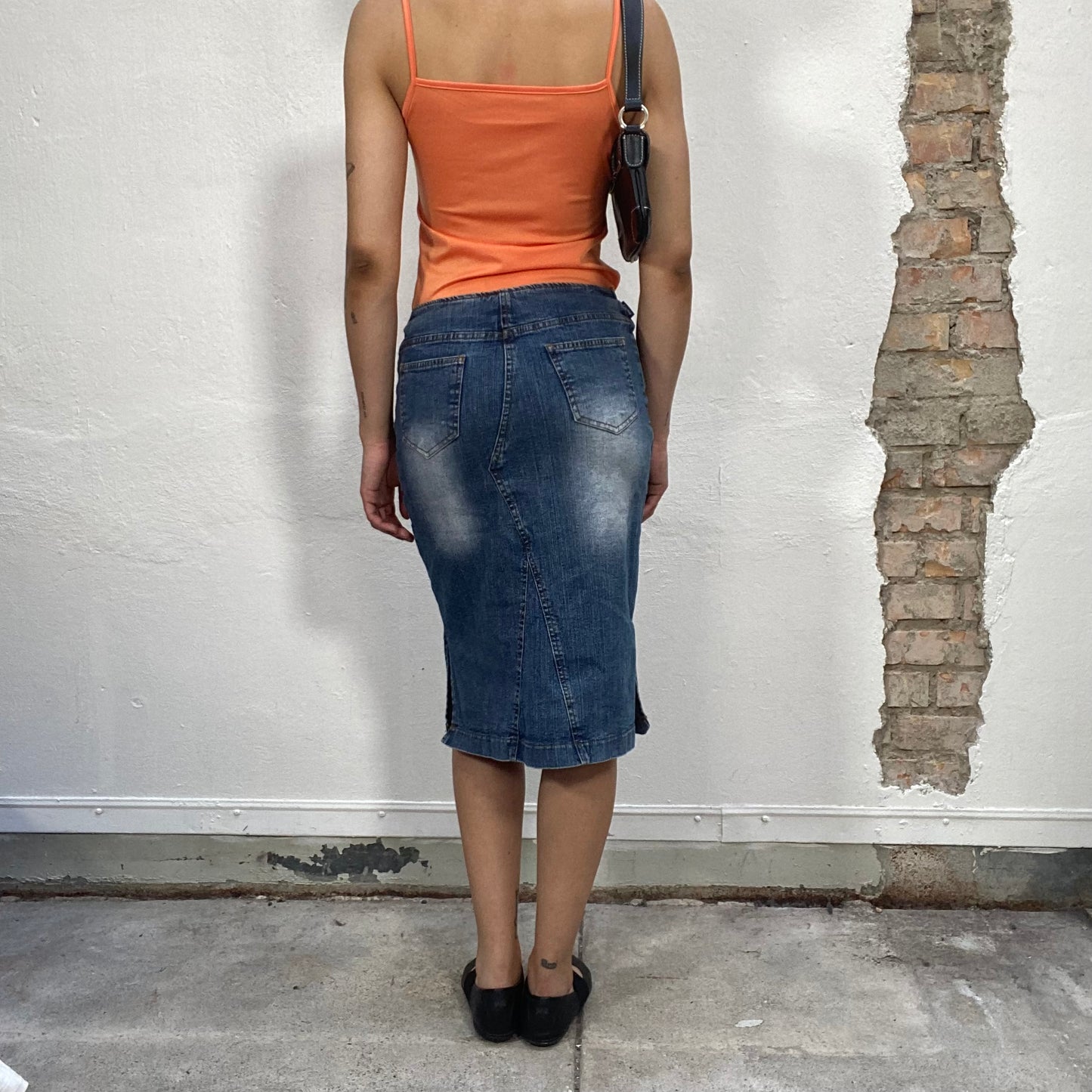 Vintage 90's Downtown Girl Denim Midi Skirt with Light Washed Details (S)