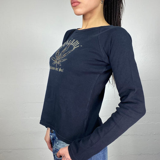 Vintage 2000's Downtown Girl Black Longsleeve Top with Camo Weed "Miami Ritmo del Sol" Print Detail (S/M)