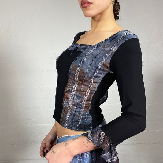 Vintage 2000's Whimsgoth Black Longsleeve Top with Blue Tie Dye Print Trim (S)