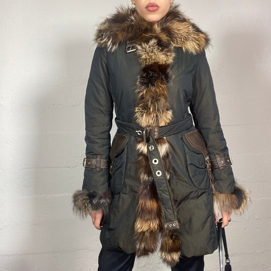 Vintage 90's Mob Wife Black Leather Long Jacket with Big Tricolor Brown Fur Sleeves and Neck Detail (M)