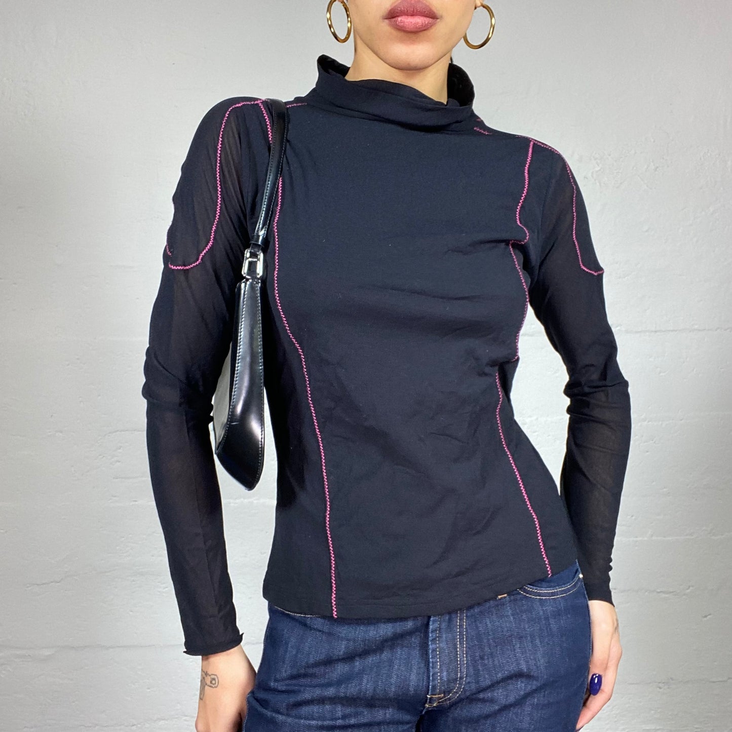 Vintage 90's Techwear Black Highneck Top with Pink Detail (M)