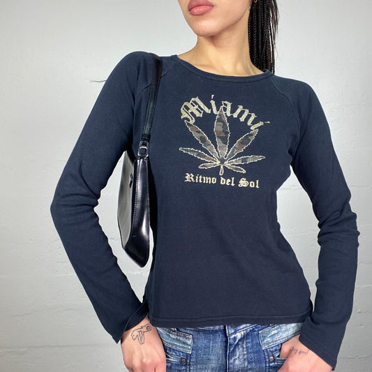 Vintage 2000's Downtown Girl Black Longsleeve Top with Camo Weed "Miami Ritmo del Sol" Print Detail (S/M)