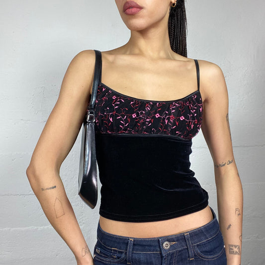 Vintage 90's Vampy Girl Black Velvet Cami Top with Pink Chest Floral Embroidery Detail (S)