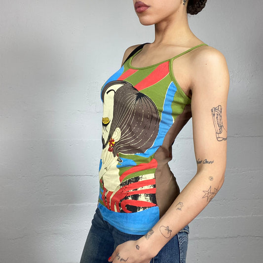 Vintage 2000's Downtown Girl Green Top with Girl Portrait Multi-Colour Print (S)
