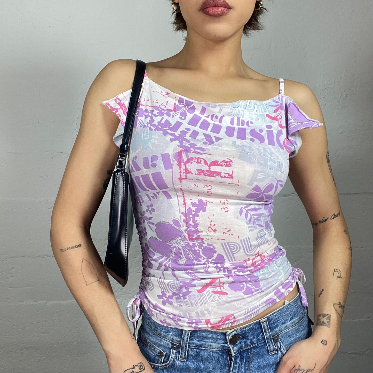Vintage 90's Downtown Girl Pink and Lilac Top with Typography Print (S)