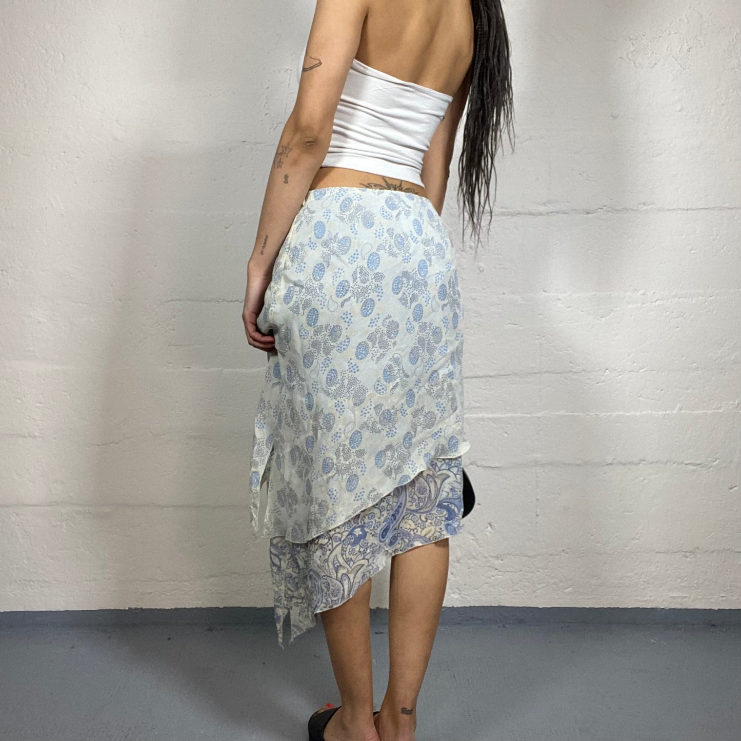 Vintage 2000's Boho Girl Baby Blue Asymmetric Layered Skirt with Paisley and Floral Volant Print (M)