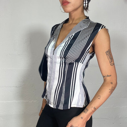 Vintage 90's Adolfo Dominguez Office Grey Striped Print Top with Zip Up Detail (S/M)