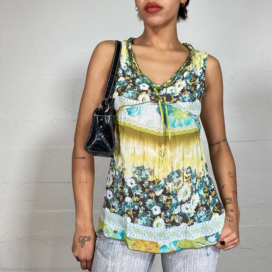 Vintage 2000's Babydoll Green and Blue Blouse with Floral Print (S)