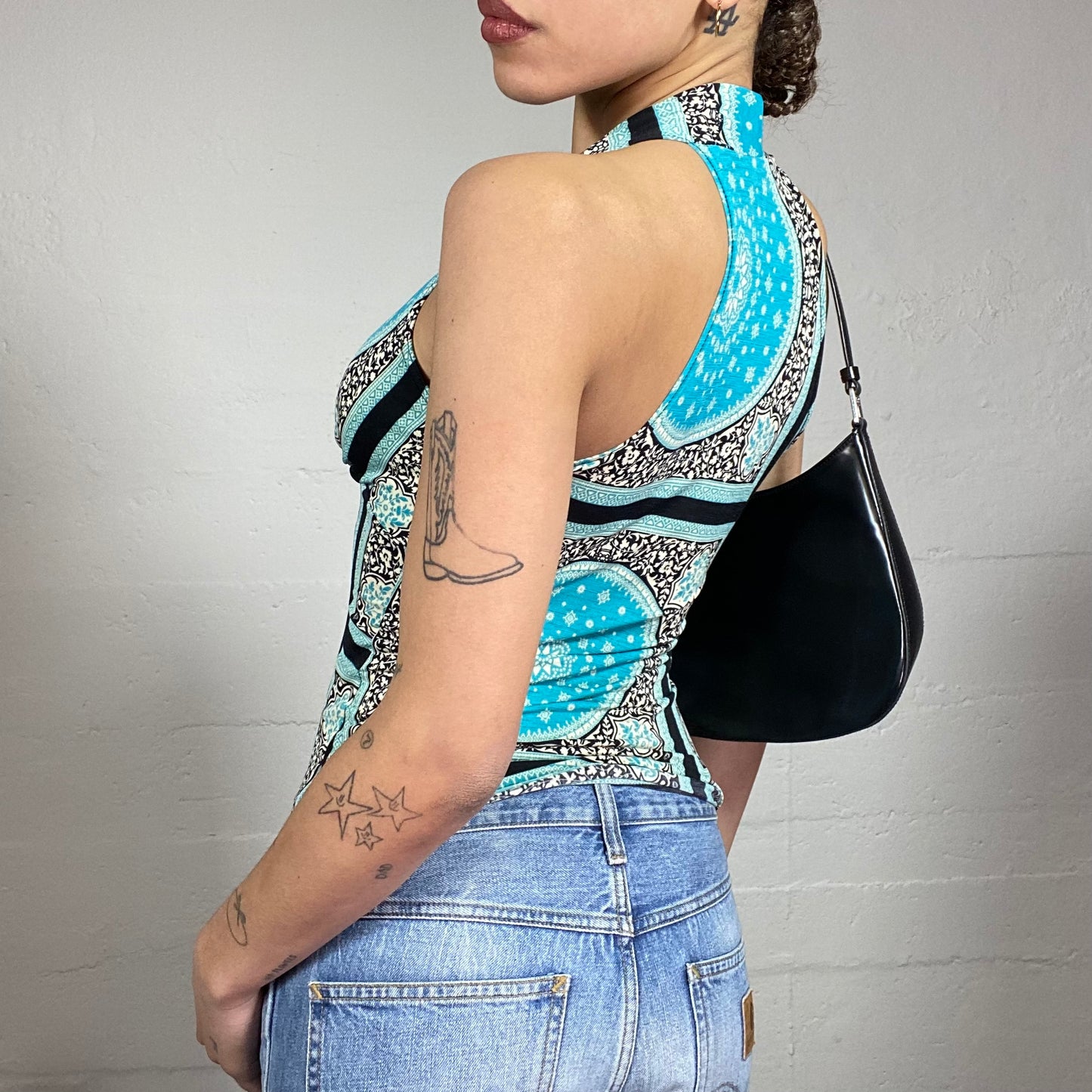 Vintage 2000's Boho Blue Highneck Top with Ethnic Mandala Print (S)