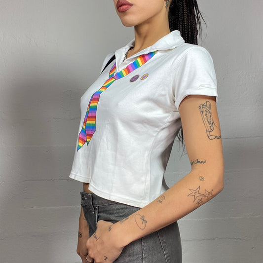 Vintage 2000's Sleaze White Tee with Rainbow Bow Tie Print (S)