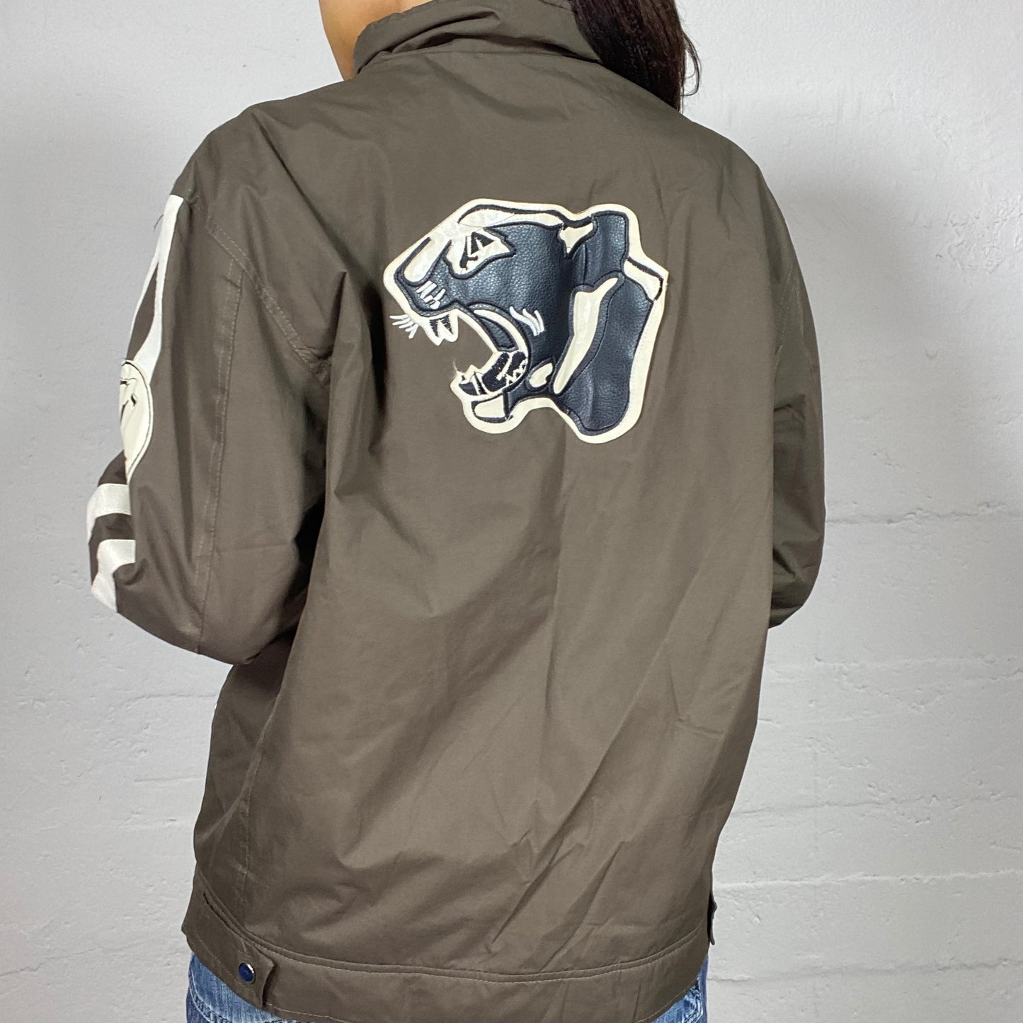Vintage 2000's S'West College Girl Khaki Zip Up Sweater with Puma Back Print (M)