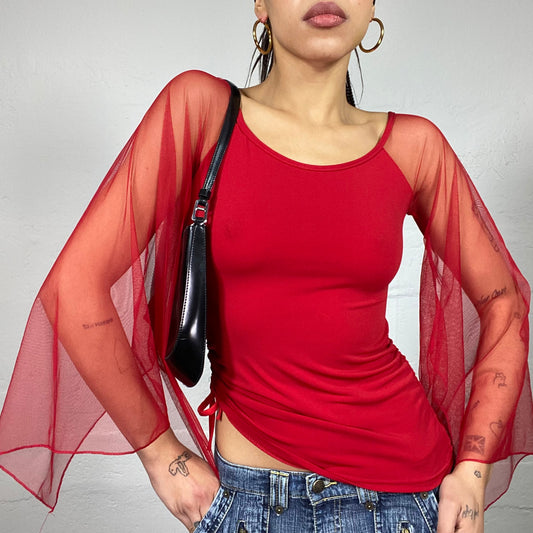 Vintage 2000's Clubwear Red Top with Maxi Mesh Angel Sleeves (S)