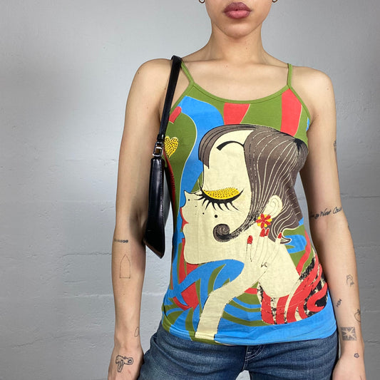 Vintage 2000's Downtown Girl Green Top with Girl Portrait Multi-Colour Print (S)