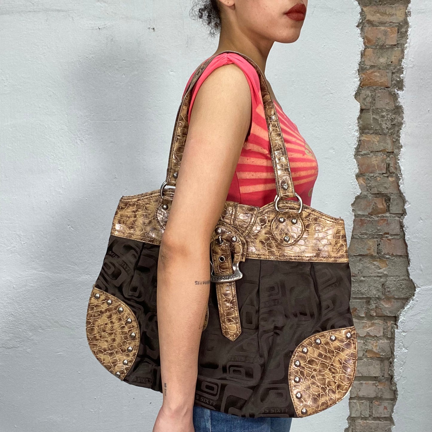 Vintage 2000's Miss Sixty Brown Shoulder Bag with Snake Faux Leather Details