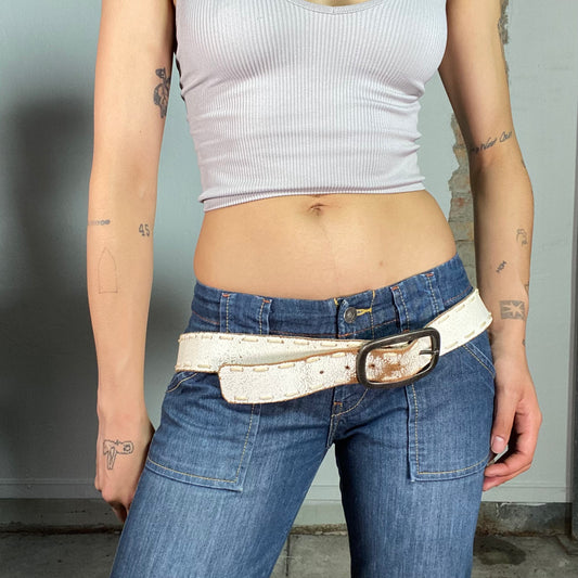 Vintage 2000's Western White Panted Leather  Belt with Silver Buckle