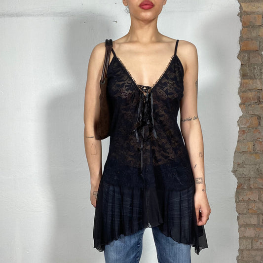 Vintage 90's Ballet Black Lace Long Top with Lace Up Neckline Detail (S)