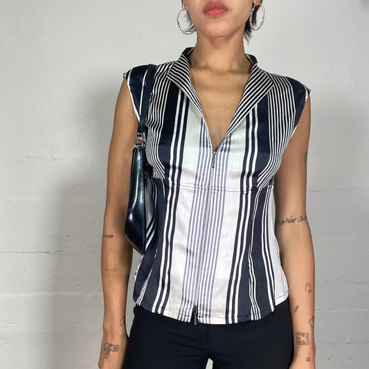 Vintage 90's Adolfo Dominguez Office Grey Striped Print Top with Zip Up Detail (S/M)