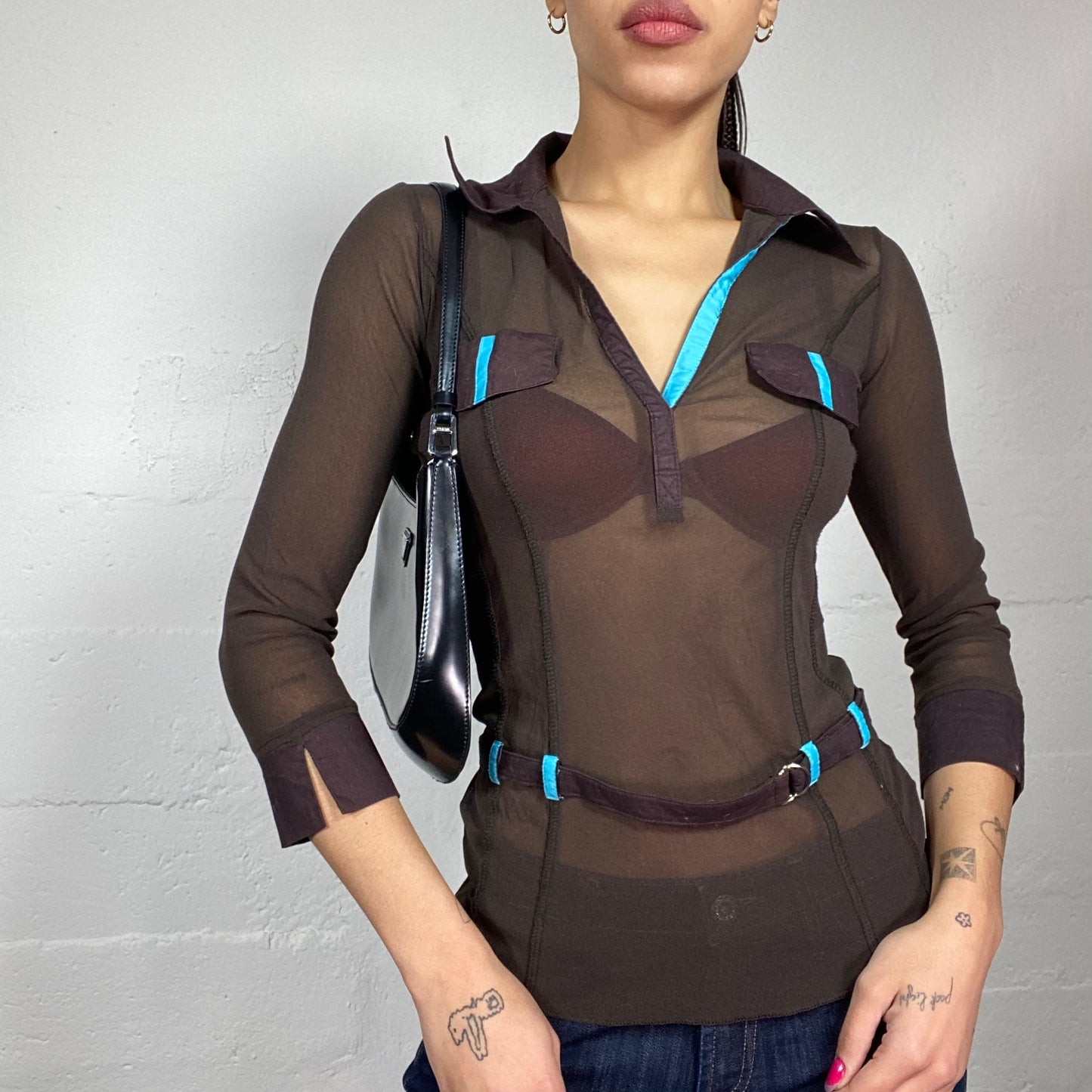 Vintage 2000's Rave Brown Belted Longsleeve Top with Blue Details (S)