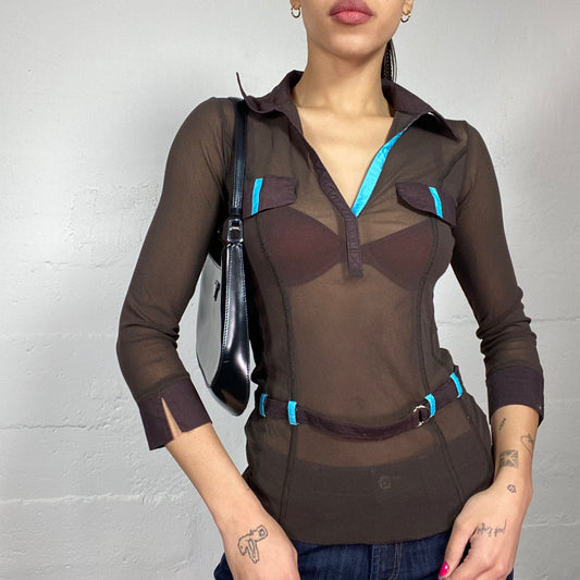 Vintage 2000's Rave Brown Belted Longsleeve Top with Blue Details (S)