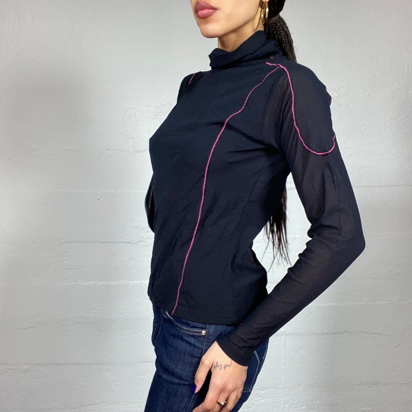 Vintage 90's Techwear Black Highneck Top with Pink Detail (M)