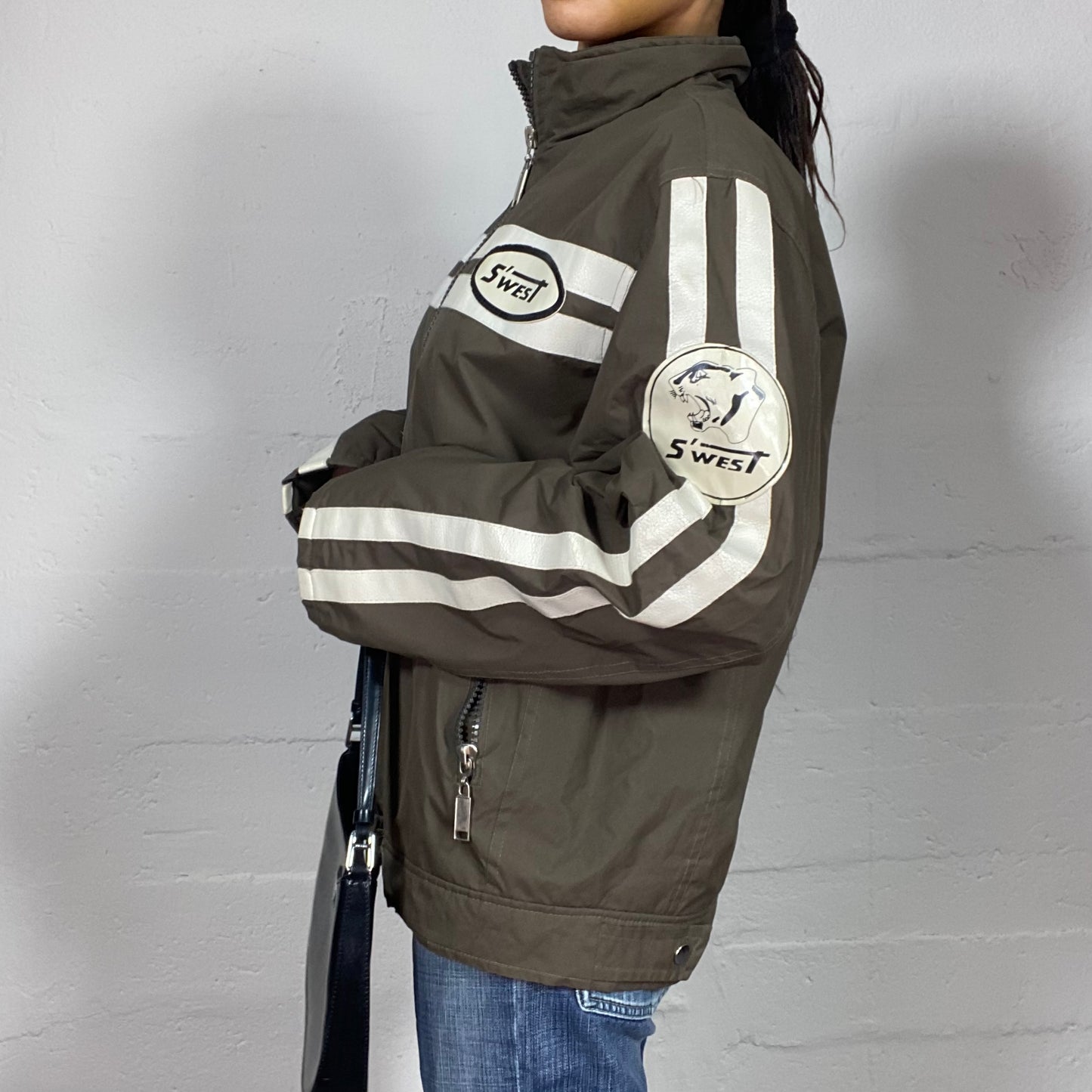 Vintage 2000's S'West College Girl Khaki Zip Up Sweater with Puma Back Print (M)
