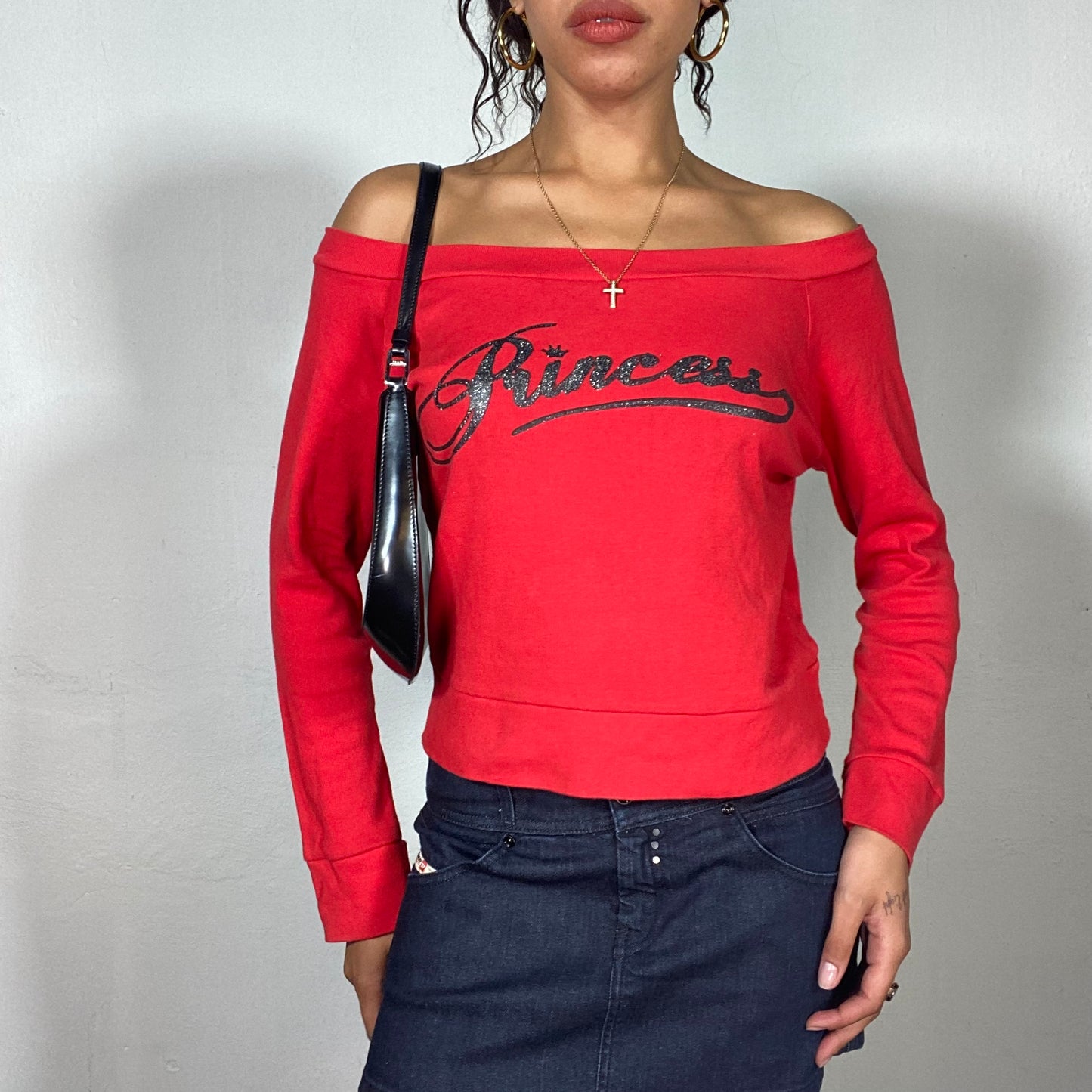 Vintage 2000's Downtown Girl Off the Shoulder Longsleeve with Glowy "Princess" Print (S)