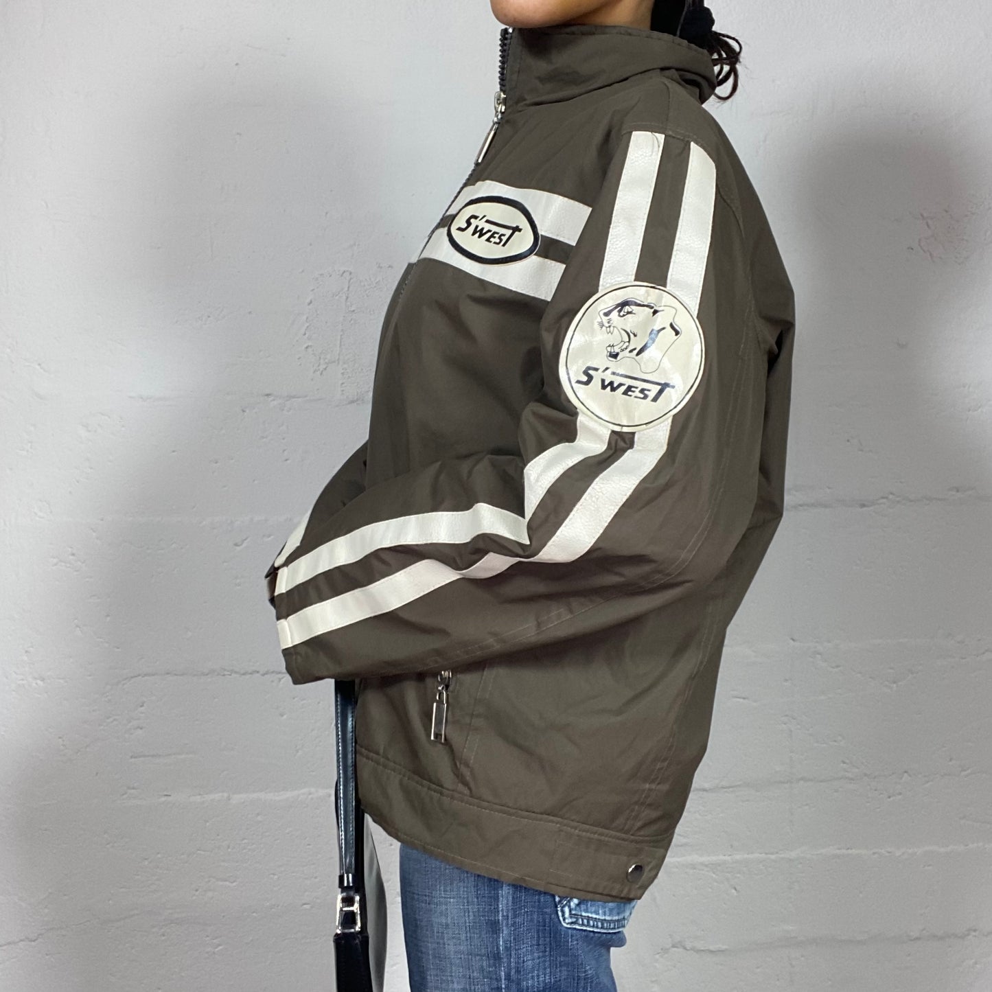 Vintage 2000's S'West College Girl Khaki Zip Up Sweater with Puma Back Print (M)
