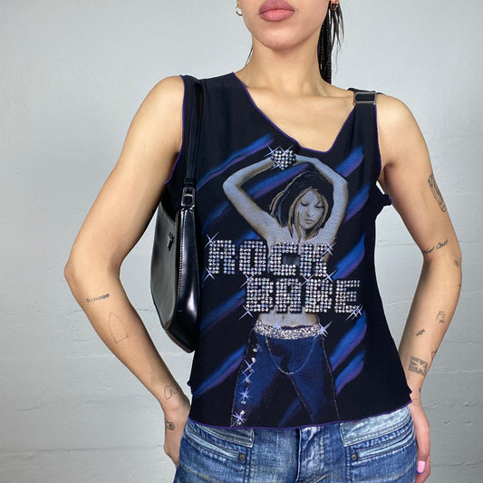 Vintage 2000's Sleaze Black Asymmetric Cut Top with "Rock Babe" Strass Print (M)