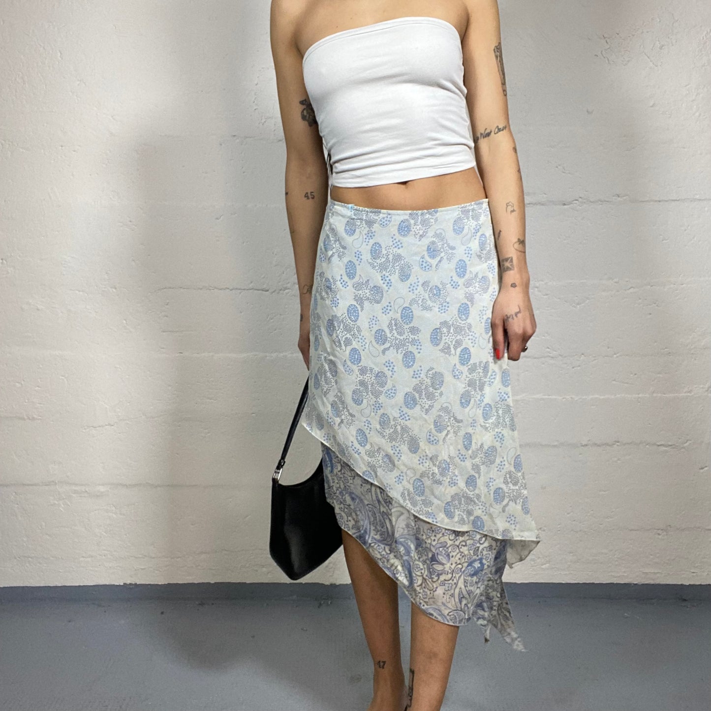 Vintage 2000's Boho Girl Baby Blue Asymmetric Layered Skirt with Paisley and Floral Volant Print (M)