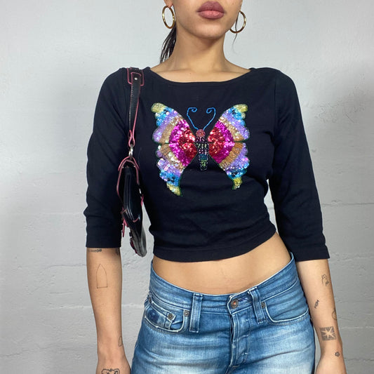 Vintage 2000's Cute Black 3/4 Sleeve Top with Multicolour Sequins Buttefly Print and Open Back (S)