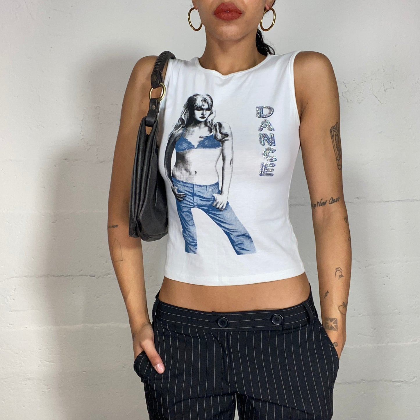 Vintage 2000's Downtown Girl Baby Blue Top with Denim Model Girl and "Dance" Glitter Print (S)