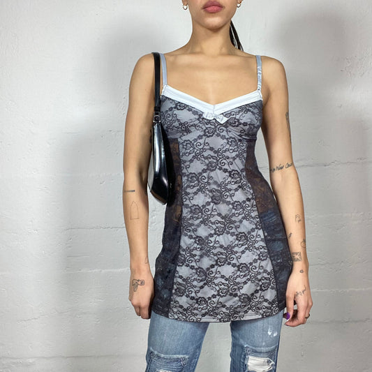 Vintage 2000's Lingerie Grey Mesh Long Top with Lace Covering Material (S)