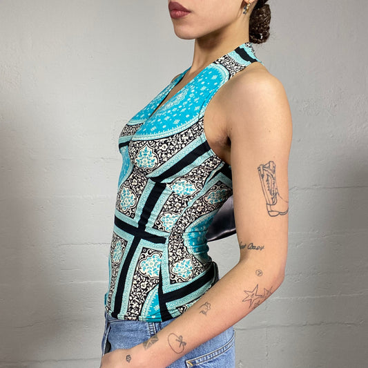 Vintage 2000's Boho Blue Highneck Top with Ethnic Mandala Print (S)